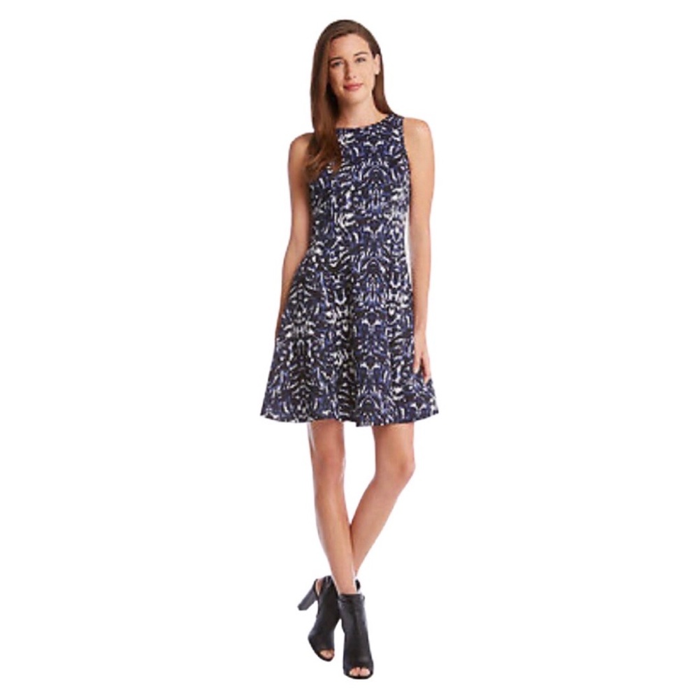 Karen Kane Blue/Black Indigo Ink Fit & Flare Stretch Scuba Dress Size S